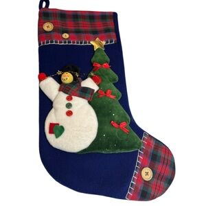 Festive Blue and Red Tartan Plaid Christmas Stocking with Snowman & Tree Rustic